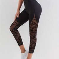 leggings de cintura alta solida con malla de contraste leggings ajustados elegantes ropa de mujer