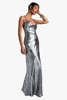 vestido maxi metalico plisado gris