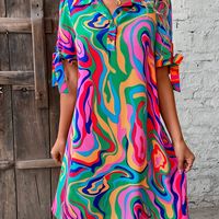 vestido estampado abstracto con cuello en v elegante vestido de manga corta para primavera y verano ropa de mujer