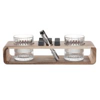 vasos de whisky de cristal x2 y soporte de madera de acacia