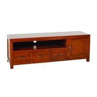 mueble tv bajo con 3 cajones de madera de mindi marron