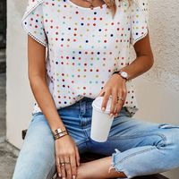 blusa de manga de petalo estampada con puntos coloridos blusa de cuello redondo linda para primavera y verano ropa de mujer