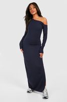 vestido maxi fruncido de manga larga con escote bardot navy