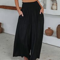 pantalones de bolsillos inclinados de color solido pantalones anchos sueltos y fruncidos para todos los dias ropa de mujer