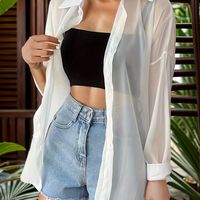 blusa de gasa semitransparente con hombros caidos elegante camisa de manga larga con cuello y botones ropa de mujer