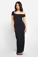 vestido petite maxi basico de algodon ajustado con escote asimetrico negro