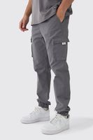 pantalon cargo ajustado con cintura elastica y etiqueta de tela con botamanga gris