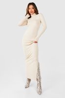 vestido maxi premium super suave ajustado con cuello vuelto beige