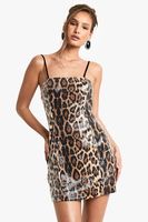 vestido mini de lentejuelas con estampado de leopardo y encaje en la espalda con escote cuadrado brown