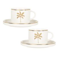 taza de te y platillo de porcelana blanca con motivo de palmera dorada y marron