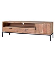 mueble tv 1 puerta 2 cajones en madera maciza de acacia y metal negro