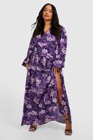 vestido plus maxi de flores con volante en la cintura purple