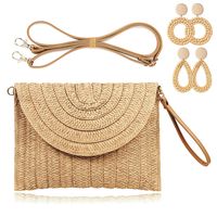 bolso de muneca cruzado tejido de paja con conjunto de 2 pares de pendientes exquisito bolso de hombro decorativo bolso de playa de moda de verano