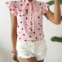 blusa de cuello con lazo estampado de corazones elegante blusa de manga corta con volantes y lazo en la parte delantera para primavera y verano ropa de mujer