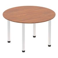 impulse 1200mm round table walnut top chrome post leg