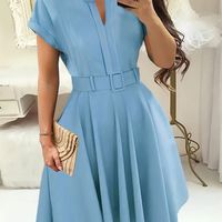 vestido con cuello de muesca y cinturon elegante vestido fruncido de manga enrollada para primavera y verano ropa de mujer para vestir elegantemente