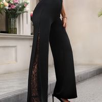 pantalones anchos de encaje en contraste elegantes pantalones de cintura alta lisos para primavera y otono ropa de mujer