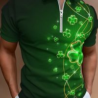 camisa de manga corta con estampado de treboles para hombres en el dia de san patricio con cierre de cremallera y cuello de solapa ideal para fiestas y carnavales de verano