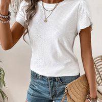 camiseta de cuello redondo bordada con ojales camiseta elegante de manga de petalo para primavera y verano ropa de mujer