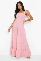 vestido petite maxi de cuadros vichy con pompones en los hombros pink