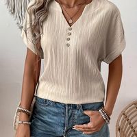 blusa de manga corta solida casual con cuello en v y botones delanteros para primavera y verano ropa de mujer