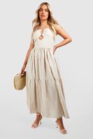 vestido plus maxi de tela con escote halter y rayas tan