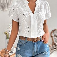 blusa de cuello en v con ojales solidos blusa elegante de mangas de petalo para primavera y verano ropa de mujer