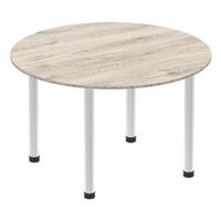 impulse 1000mm round table grey oak top brushed aluminium post leg