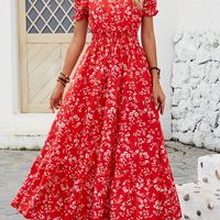 vestido de cintura fruncida con estampado floral elegante vestido de manga corta con escote en v para primavera y verano ropa de mujer