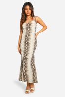 vestido maxi de chifon plisado con estampado de serpiente beige