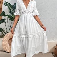 vestido de lunares suizos solidos con encaje de contraste vestido de cintura con mangas cortas y cuello en v ropa de mujer