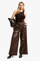 pantalon deportivo premama de cuero sintetico con pernera ancha y cintura elastica brown