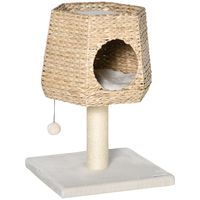 pawhut arbol rascador para gatos pequeno altura 66 cm torre escalador con cueva de juncos poste rascador de sisal y bola colgante crema y natural