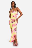 vestido tall maxi cenido asimetrico con estampado de flores amarillo