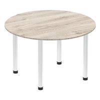 impulse 1200mm round table grey oak top chrome post leg