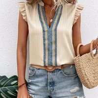 blusa con ribete de encaje en contraste elegante blusa con cuello con muescas y mangas con volantes ropa de mujer para bodas vacaciones y fiestas