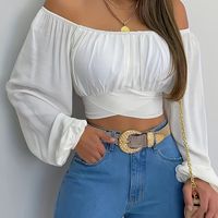 blusa corta con lazo cruzado solido top casual de hombros descubiertos y mangas largas ropa de mujer para un estilo coquetolindoy2k