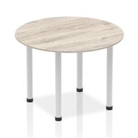 impulse 1000mm round table grey oak top silver post leg