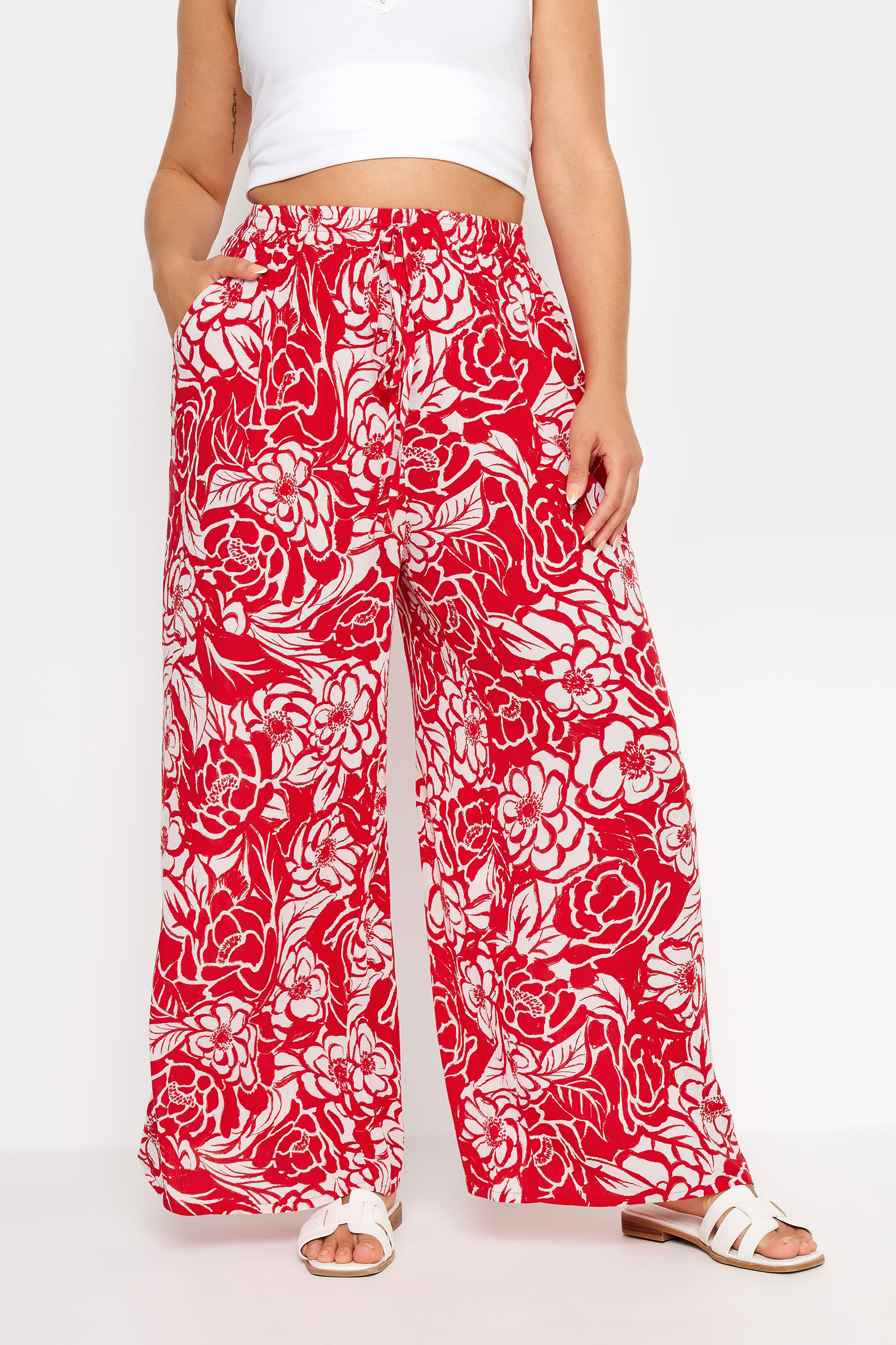 yours pantalones rojos florales tejido transpirable mujer curvy y tallas grandes yours