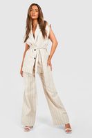 pantalon de pernera ancha efecto lino holgado con rayas beige