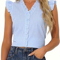 patron de cuadros blusa con cuello en v top casual de manga corta con ribete de volantes para primavera y verano ropa de mujer