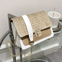 bolso de hombro de paja y cuero pu para mujer  elegante bolso cuadrado pequeno con correa de cadena  bolso de hombro con cierre de moda