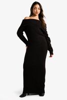 vestido jersey maxi oversize premium con escote bardot negro