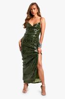 vestido lencero maxi de lentejuelas con escote plisado verde