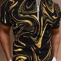 camisa de verano con estampado de patron abstracto de remolinos dorados para hombre con cierre de cremallera y cuello tipo solapa