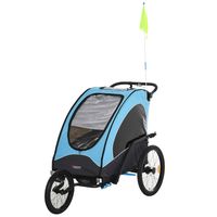 homcom remolque infantil 3 en 1 para bicicleta de 2 plazas para ninos de 6 meses plegable ruedas giratorias y manillar ajustable 150x85x107 cm azul