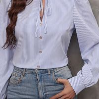 camisa estampada de rayas con lazo en el cuello camisa casual de manga larga con un solo boton para primavera y otono ropa de mujer