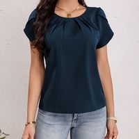 blusa solida de cuello redondo elegante blusa de manga corta fruncida para primavera y verano ropa de mujer