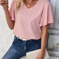 blusa sencilla de cuello en v y color solido elegante blusa de manga acampanada para primavera y verano ropa de mujer