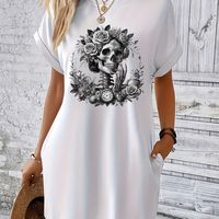 vestido casual con estampado de calaveras manga corta y cuello redondo para verano y primavera ropa de mujer